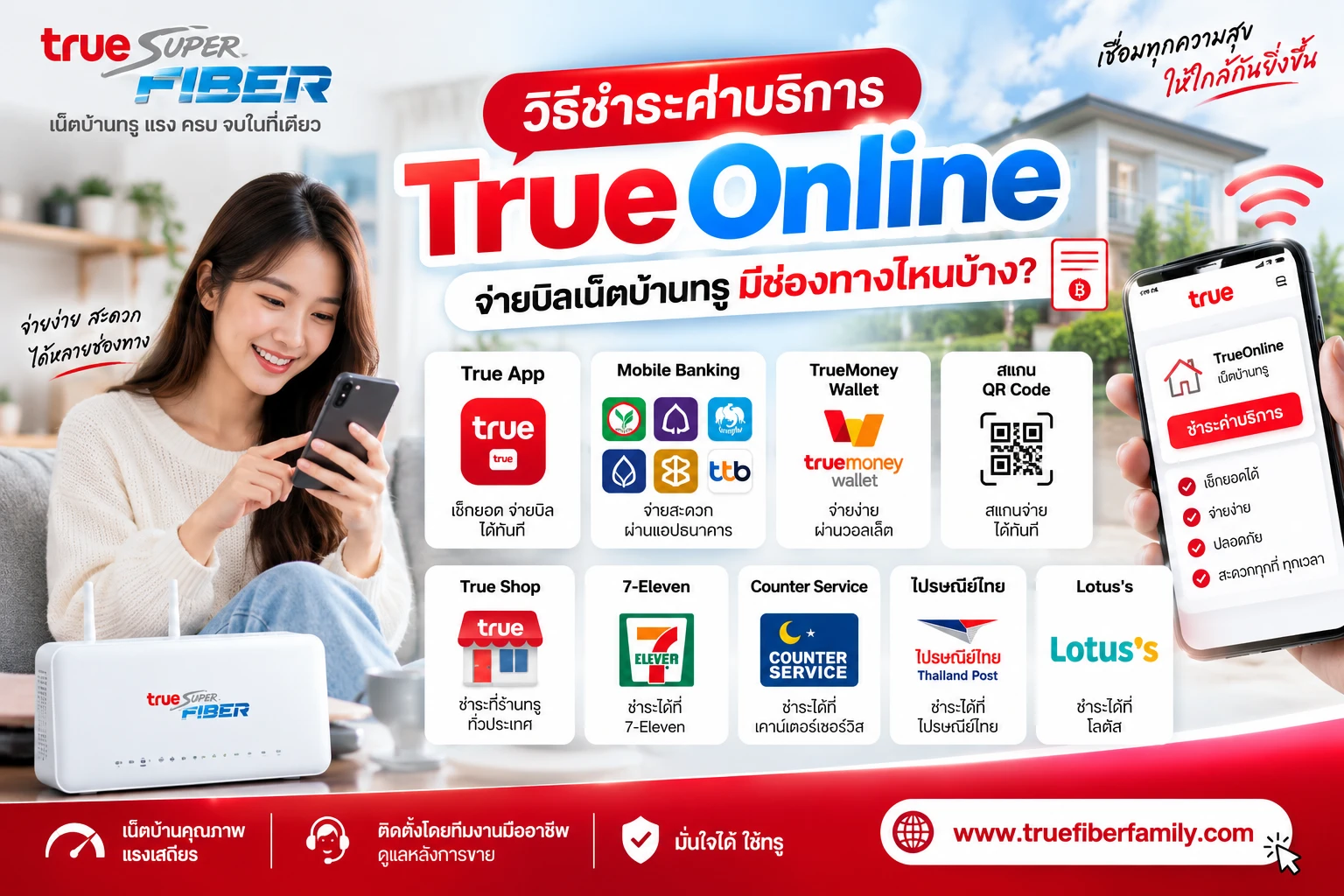 วิธีชำระค่าบริการ TrueOnline จ่ายบิลเน็ตบ้านทรู มีช่องทางไหนบ้าง?